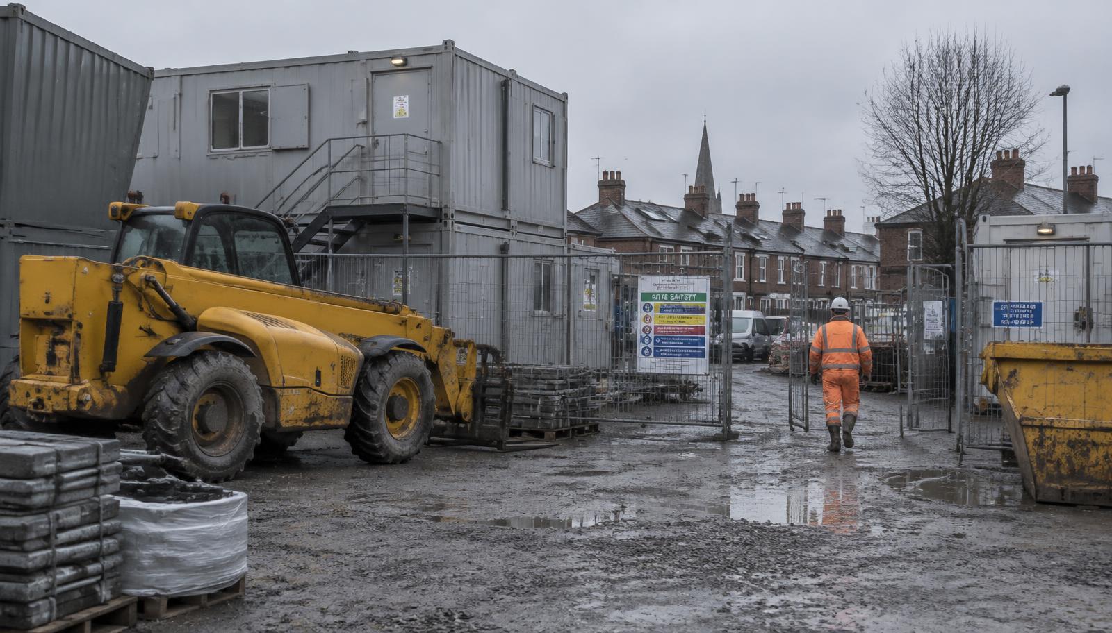 A UK construction compound on an overcast day: a yellow telehandler beside stacked site cabins, with a worker in orange hi-vis walking towards the gate.